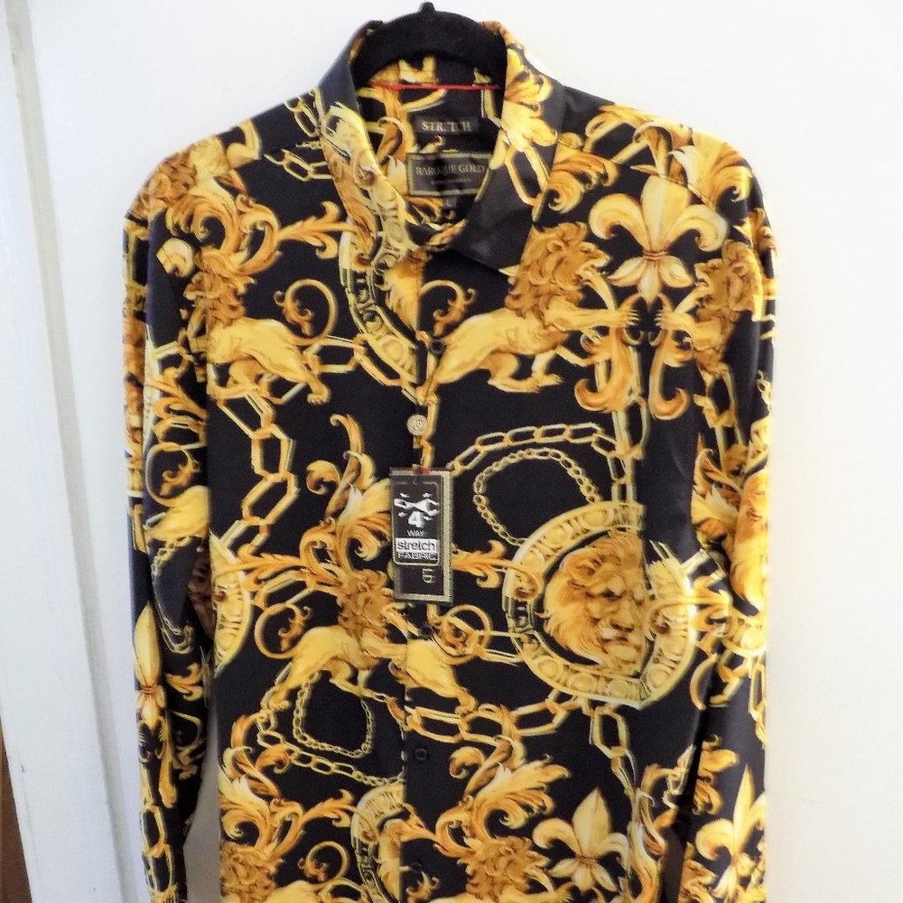 NEW Baroque Gold Lion Medusa Famous Italian Designer Men Long Sleeve Large